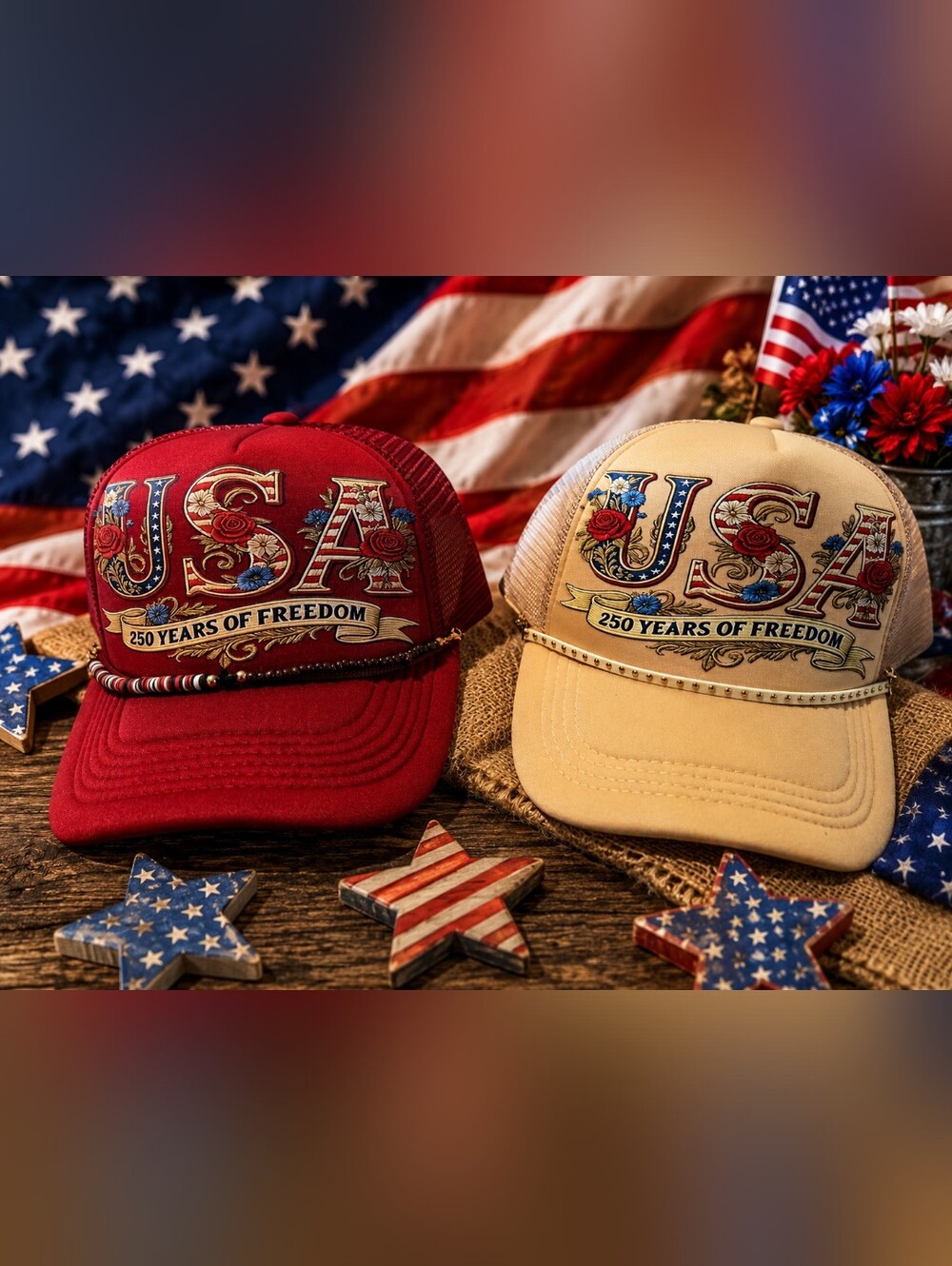 Patriotic USA Embroidered Trucker Hat - Red & Tan